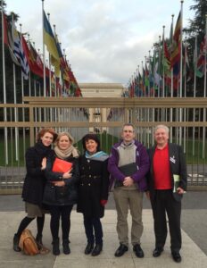 (LtoR) Hilary Harmon and Kathleen McDonnell with other members of the Civil Society Delegation at Geneva for tomorrow's examination of Ireland by the UN Committee on the Rights of the Child.  