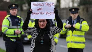 Travellers attend a protest at Louth County Council offices after residents were evicted from a halting site in Dundalk